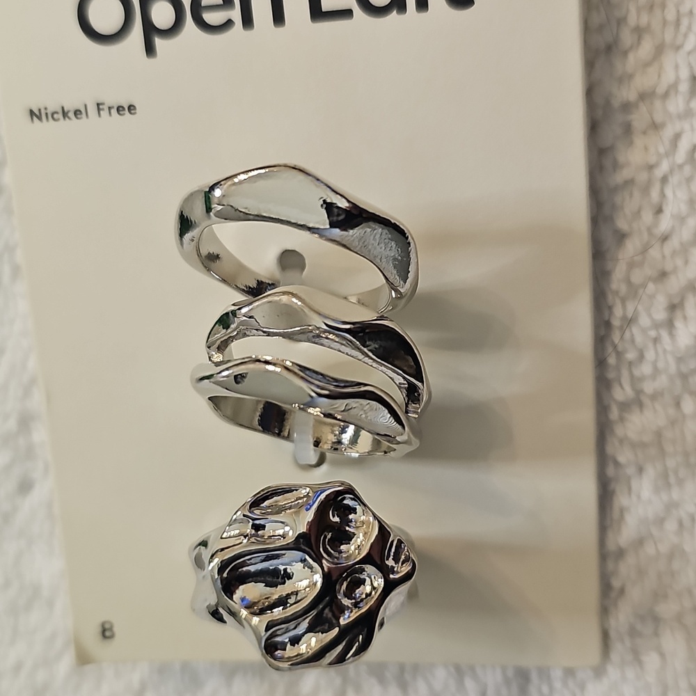 NWT Open Edit Set Of 3 Molten Rhodiun Rings Size 8 Silver - Picture 11 of 12